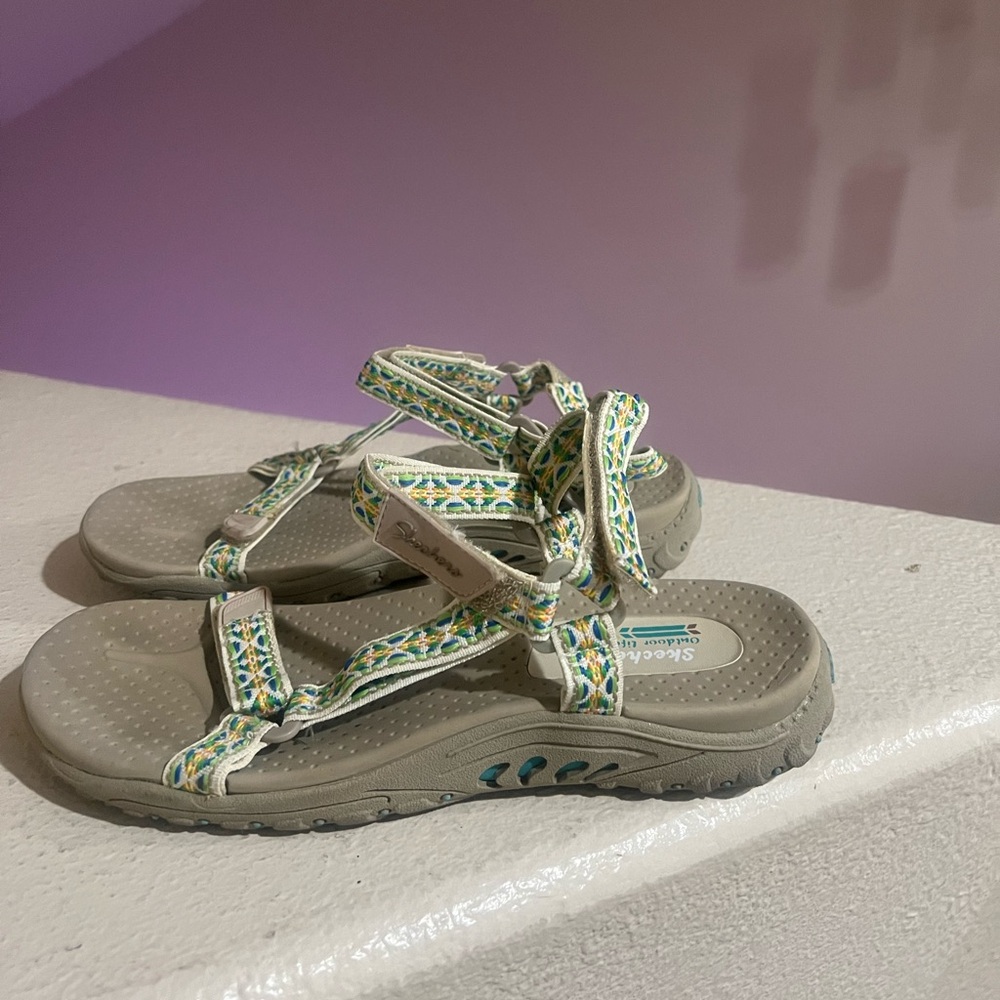 Skechers Ankle Strap Sport Beige Green  Canvas‎ walking comfort sandals 8